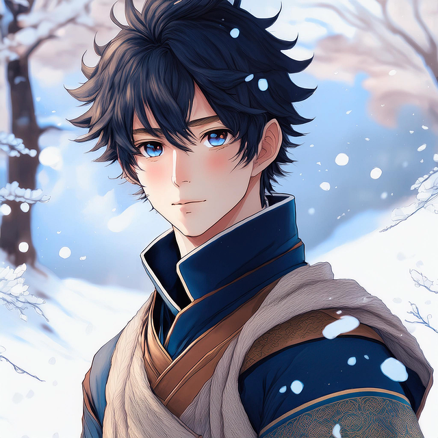 Anime-style illustration of a young man with tousled dark hair and blue eyes standing in a snowy winter landscape, wearing layered blue and beige clothing with a soft, calm expression.