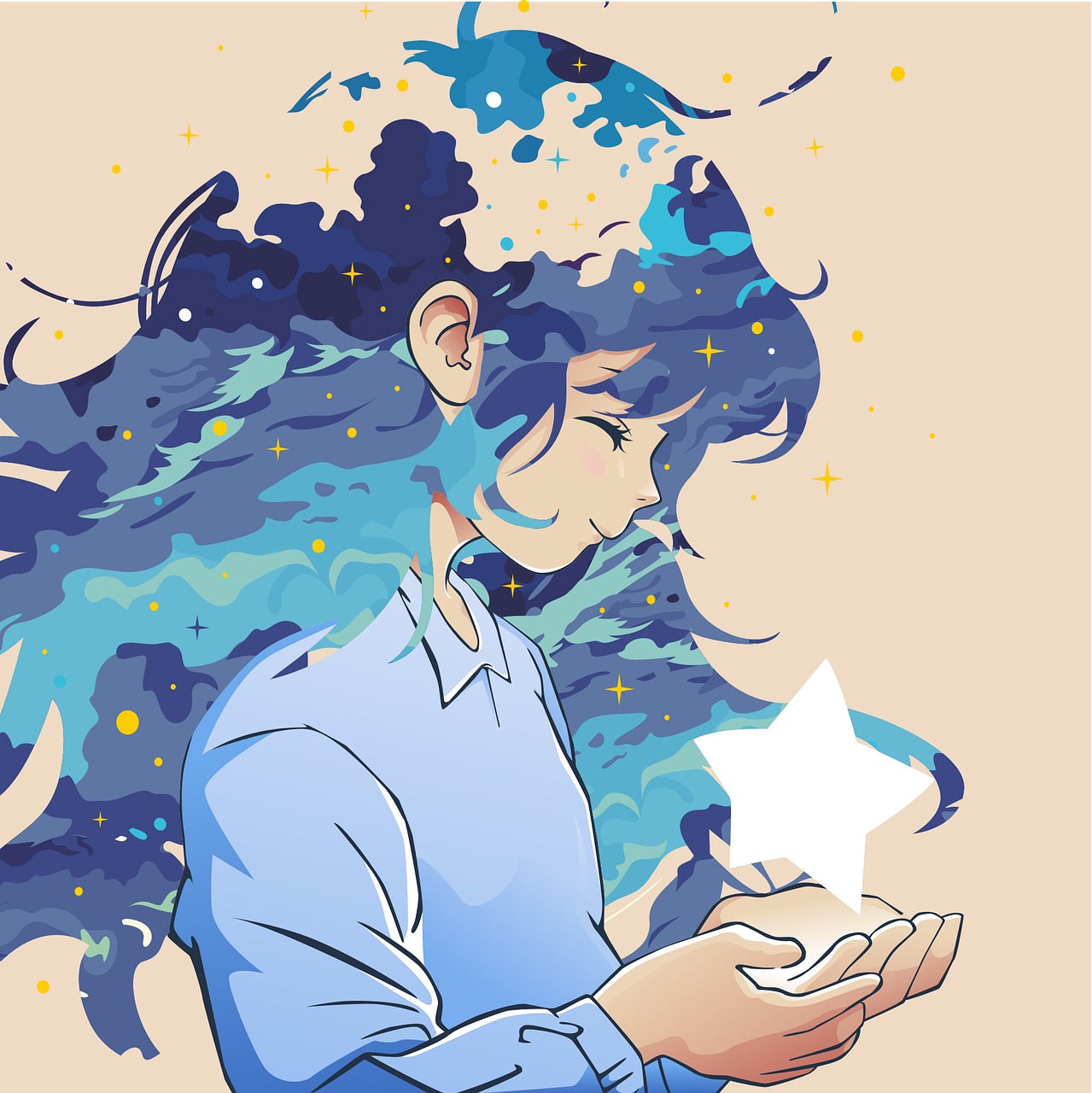Anime illustration symbolizing anime terms and fandom concepts, featuring a girl holding a star.